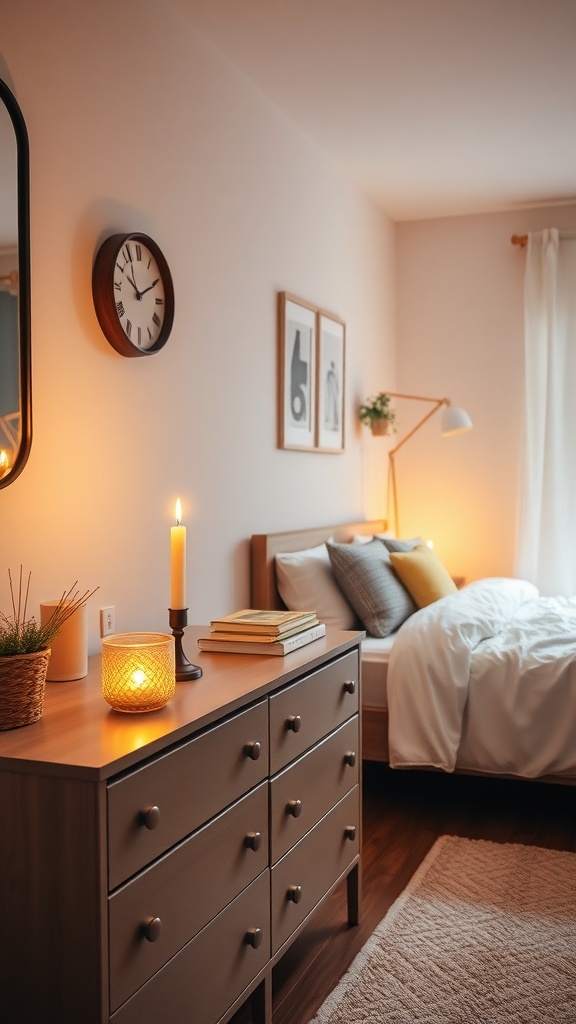Cozy dorm room with scented candles on a dresser, creating a warm atmosphere.