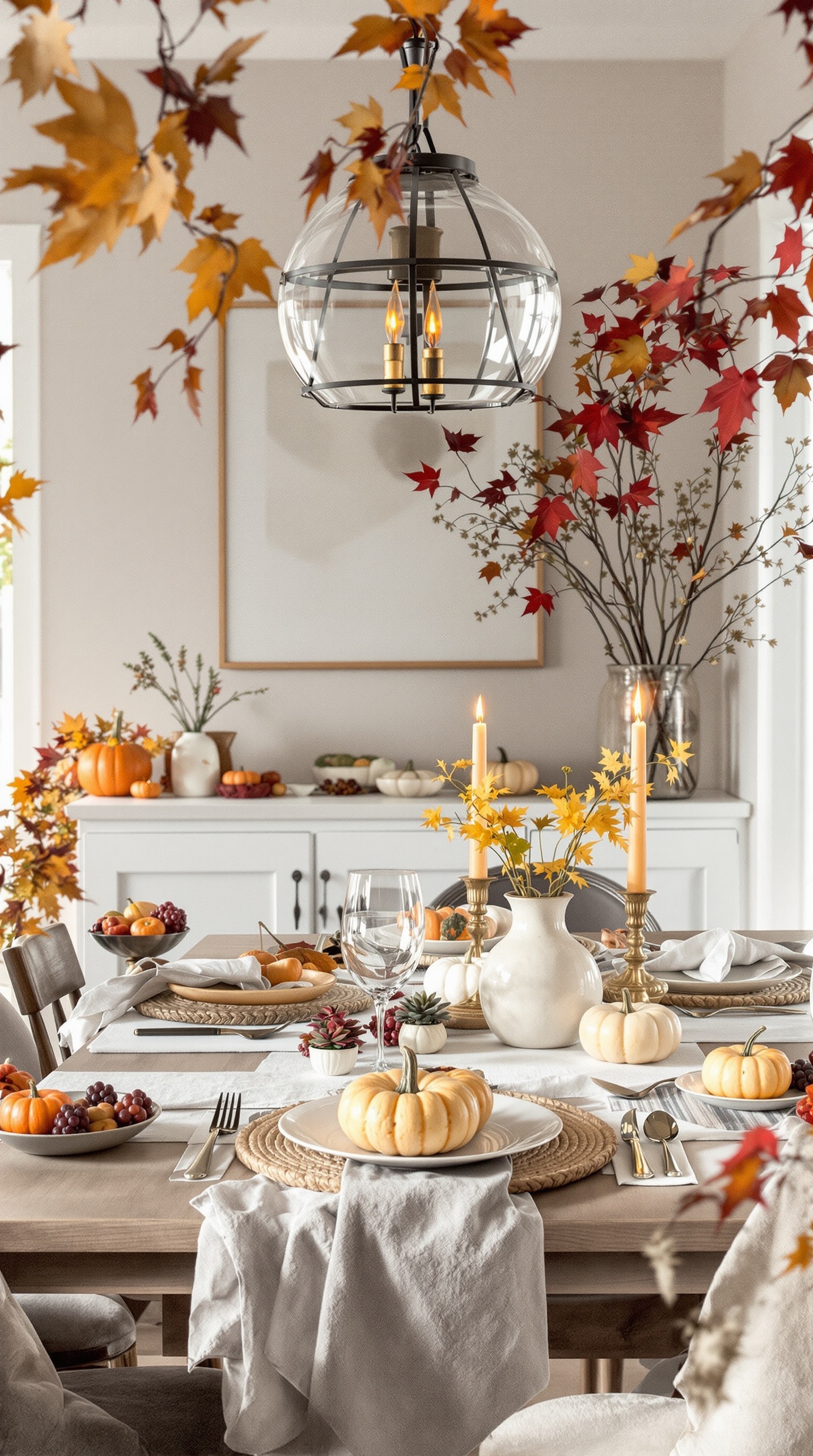 A beautifully decorated family dinner table with pumpkins, leaves, and candles, showcasing a cozy fall theme.