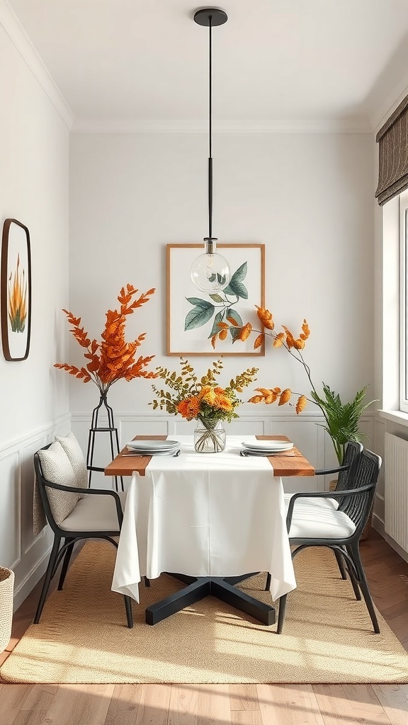 A small dining room decorated with autumn-themed decor, featuring orange foliage, a vase of flowers, and a simple table setting.