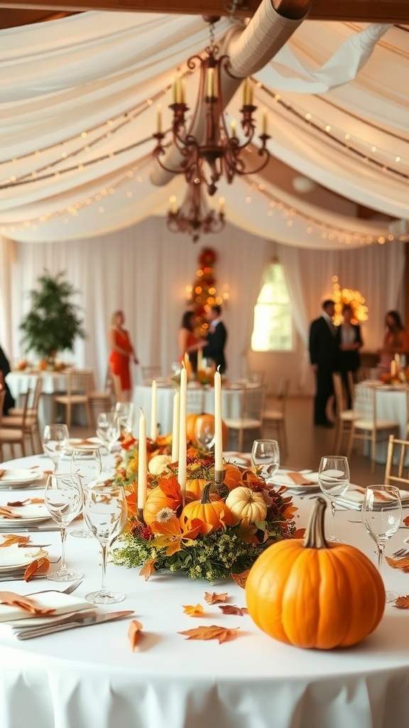 Autumn-themed wedding reception decor featuring pumpkins and candles.