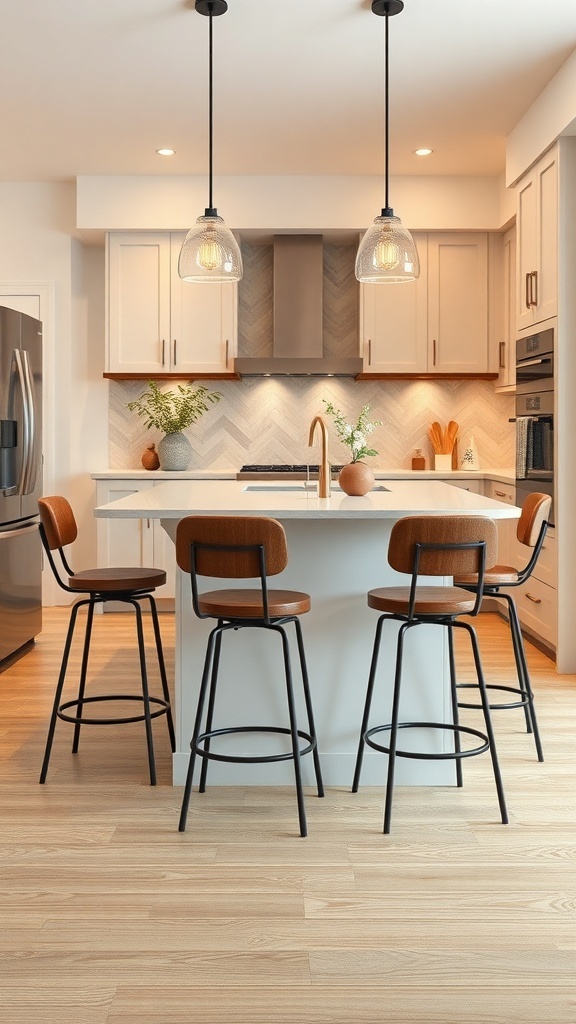 A narrow kitchen island with modern bar stools and stylish lighting.