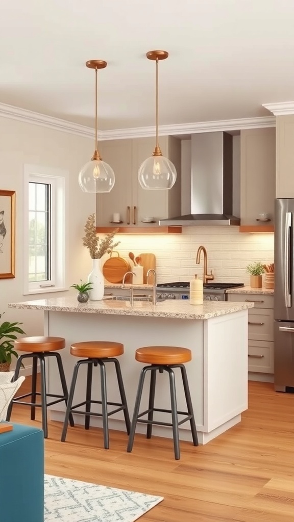 A small kitchen island with three wooden stools, featuring pendant lights and a modern design.