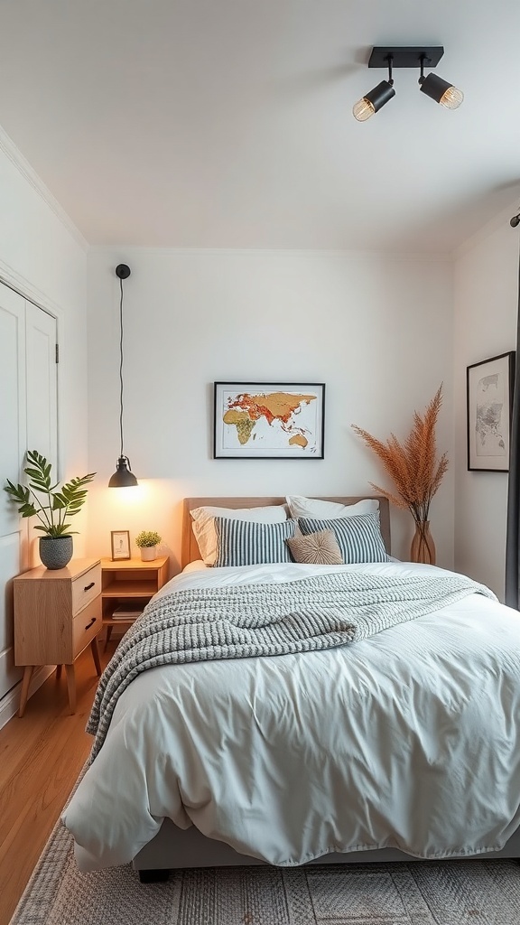 A small bedroom featuring stylish lighting, a cozy bed with striped bedding, and decorative plants.