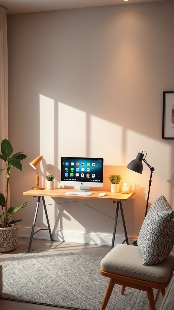A small desk setup featuring a computer, plants, and smart lighting.