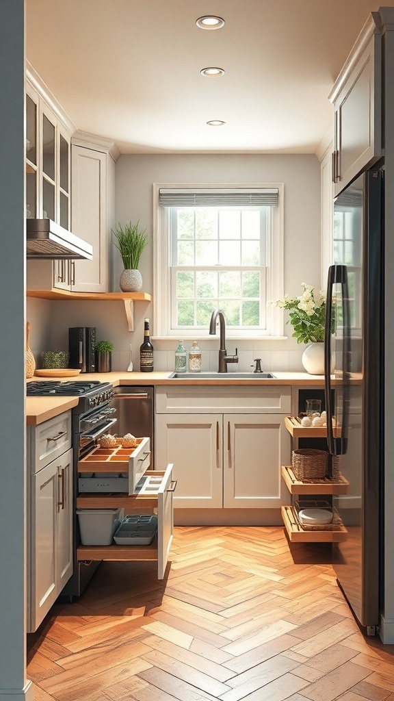 A small kitchen with modern design featuring pull-out drawers and open shelving.