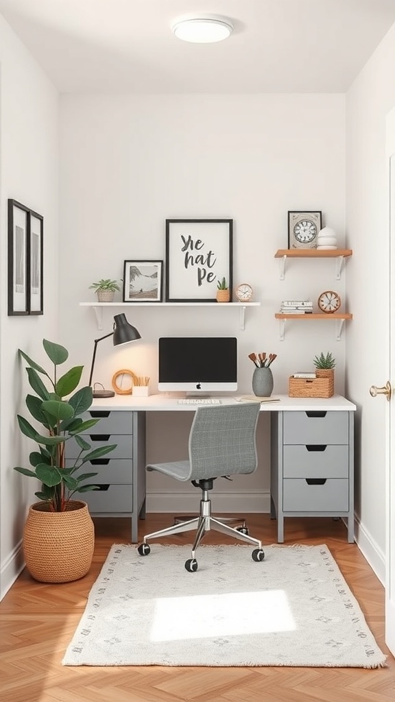 A small home office featuring a desk with drawers, floating shelves, a plant, and a comfortable chair.
