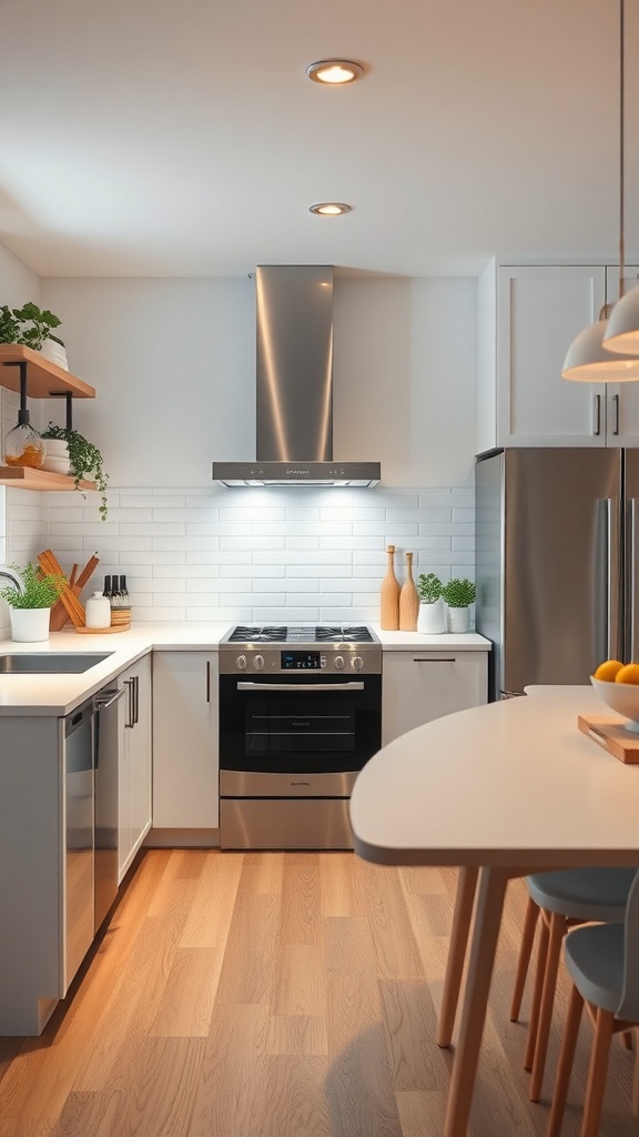 A modern apartment kitchen featuring smart appliances and sleek design.