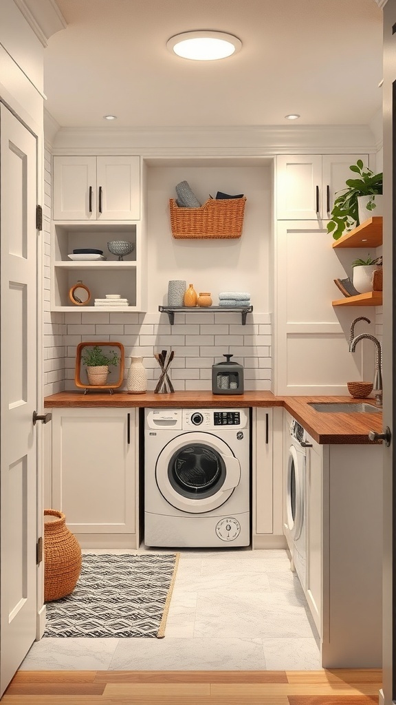 A modern mud room laundry room combo featuring smart appliances and organized storage.