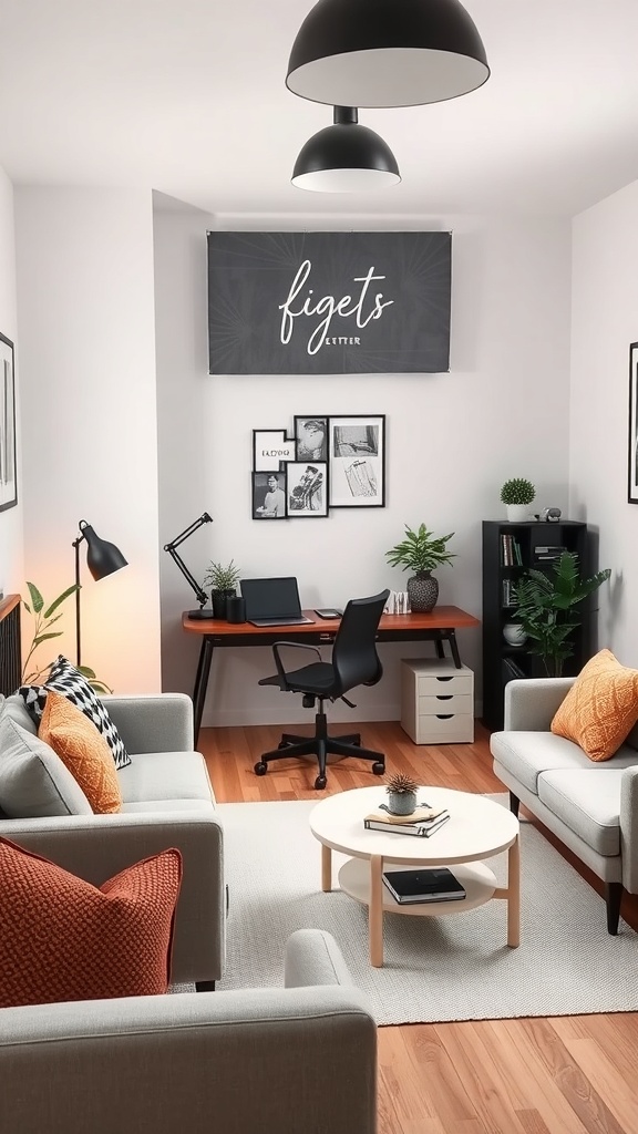 A small home office featuring a desk, chair, plants, and cozy seating.