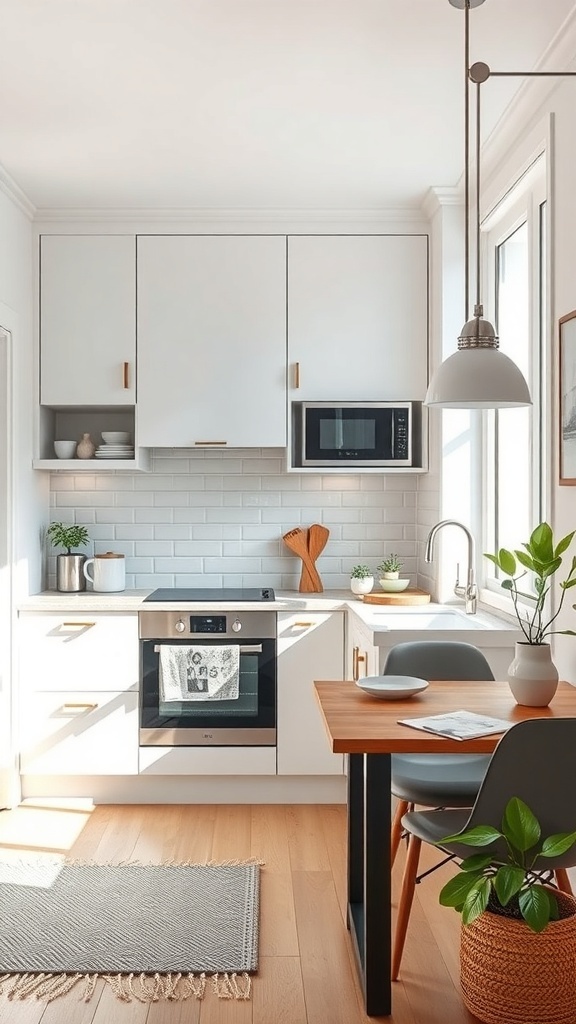A bright small kitchen showcasing modern appliances and a sleek design.
