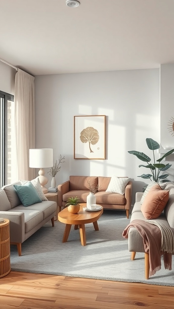 A cozy living room featuring soft fabrics, plush sofas, decorative pillows, and natural light.
