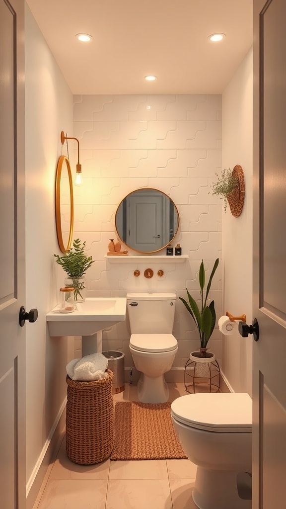 A narrow bathroom with soft lighting, featuring a round mirror, wall-mounted light, and plants.