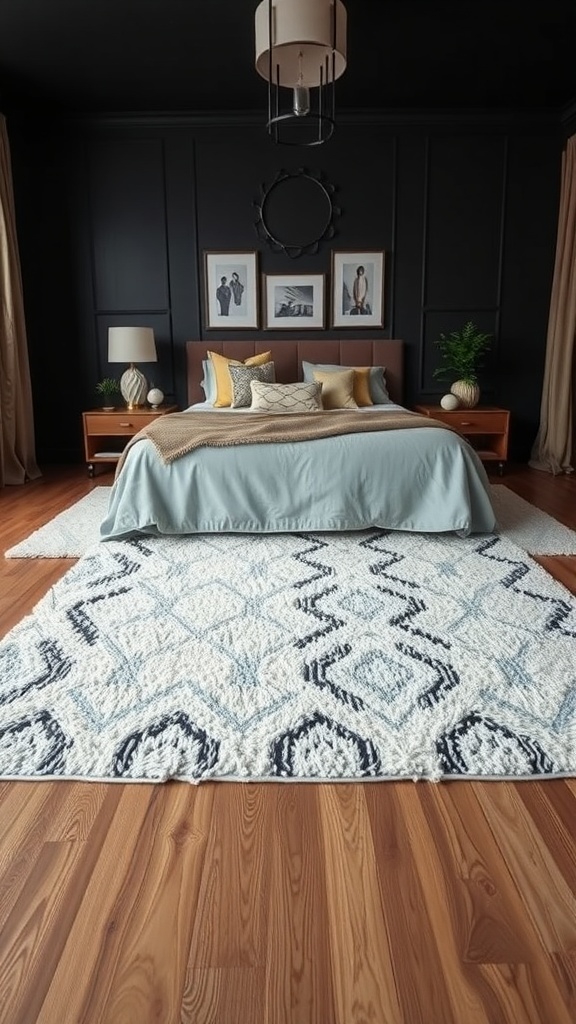 A cozy dark bedroom featuring a plush patterned rug under the bed, enhancing the warm atmosphere.