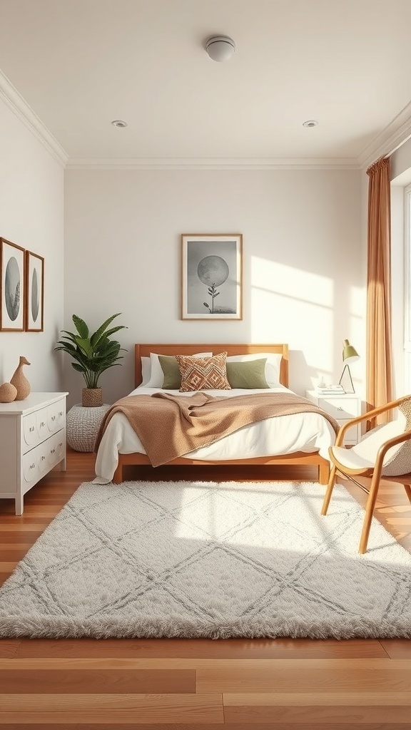 A cozy small bedroom with a soft rug, wooden flooring, and warm decor.