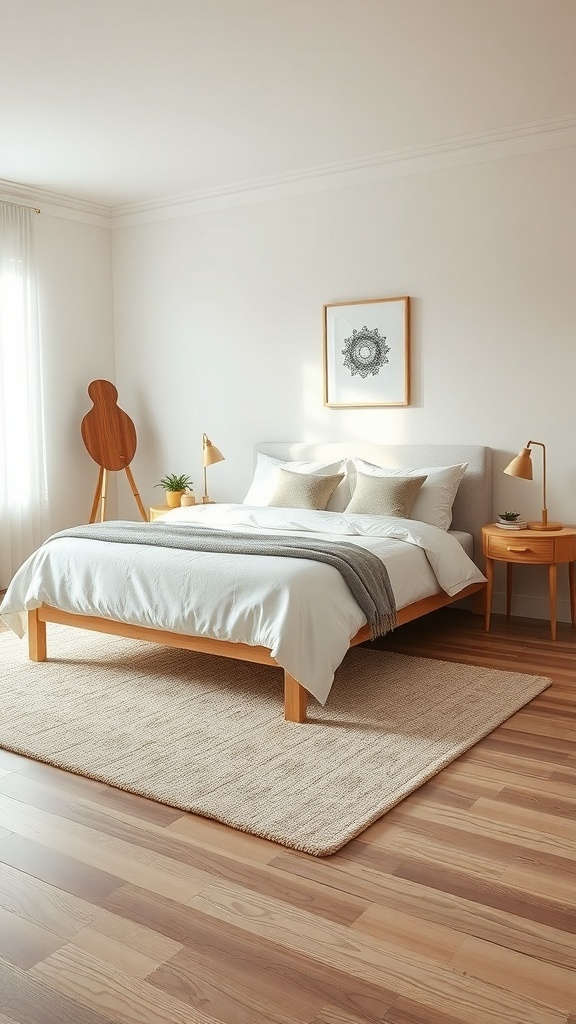 A neutral bedroom featuring a soft rug, wooden flooring, and minimalist decor.