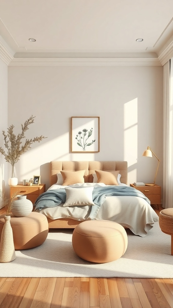 A warm bedroom with soft shapes, featuring a plush bed, rounded ottomans, and gentle lighting.