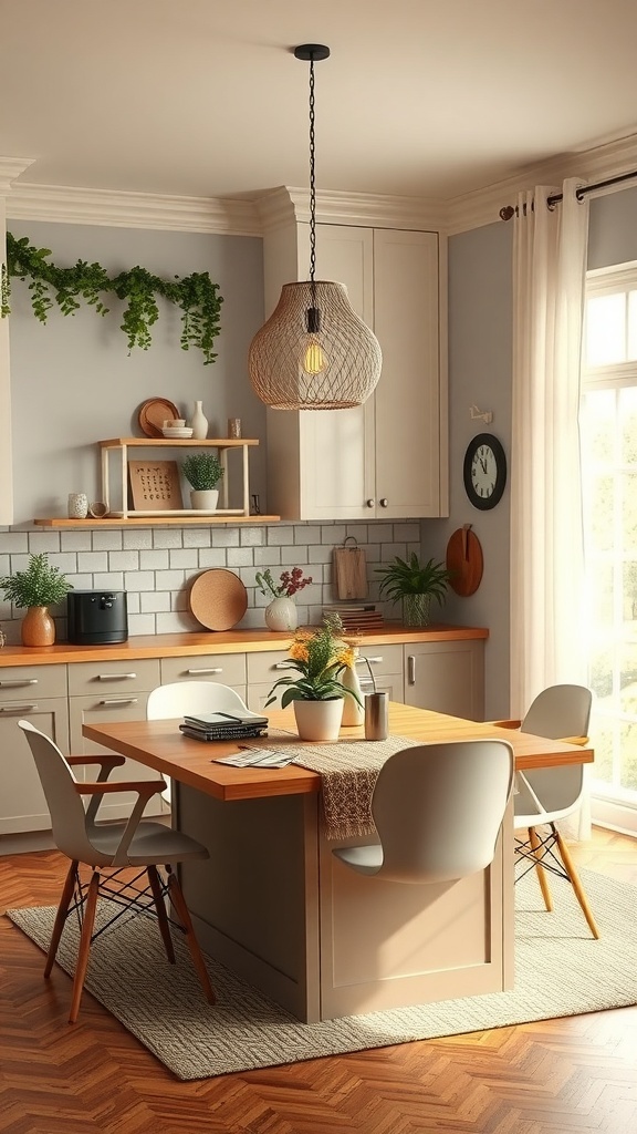 A cozy kitchen with soft lighting, plants, and a warm wooden table.