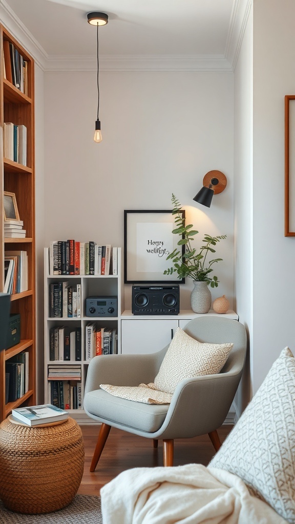 A cozy reading nook with a comfortable chair, bookshelves filled with books, and a soft light.