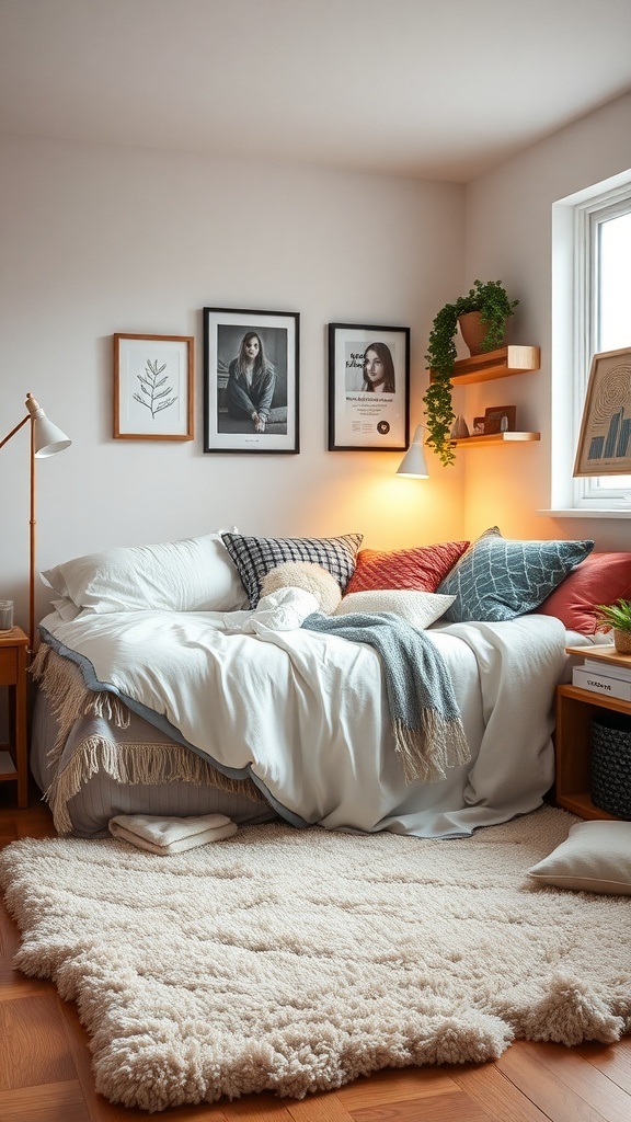 Cozy dorm room featuring a bed with soft blankets and pillows, a fluffy rug, and warm lighting.