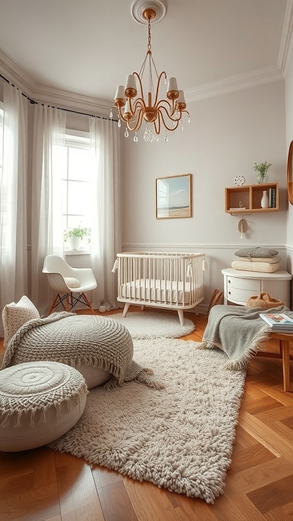 A cozy nursery featuring soft textiles, including a fluffy rug, cushions, and light curtains.