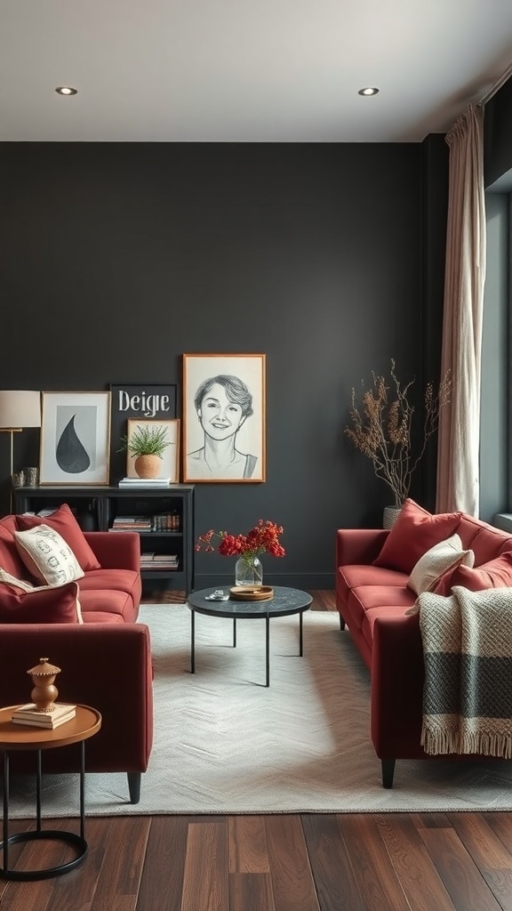 A cozy living room with dark walls, red sofas, and soft textiles.