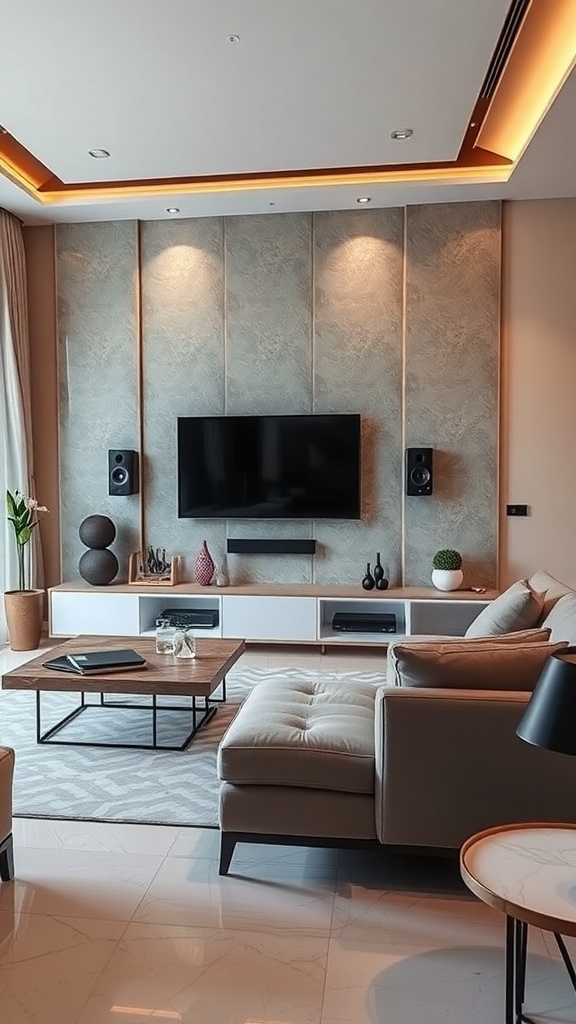 A modern living room featuring a TV on a textured wall with speakers on either side, stylish furniture, and a coffee table.