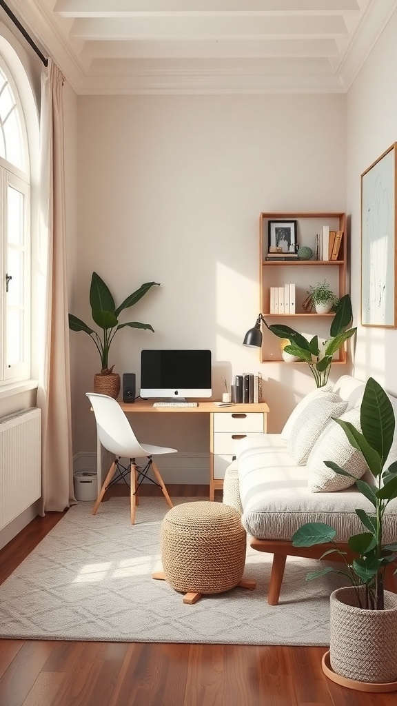 A cozy tiny home office featuring a desk, computer, plants, and comfortable seating.