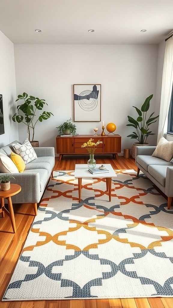 A cozy mid-century modern living room featuring a colorful statement rug, grey sofas, and decorative plants.