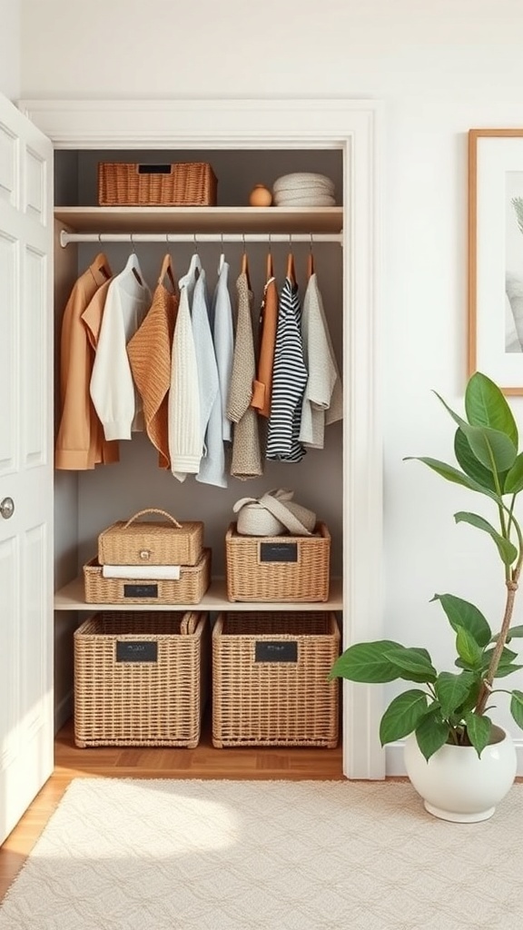 Organized wardrobe with storage baskets and hanging clothes