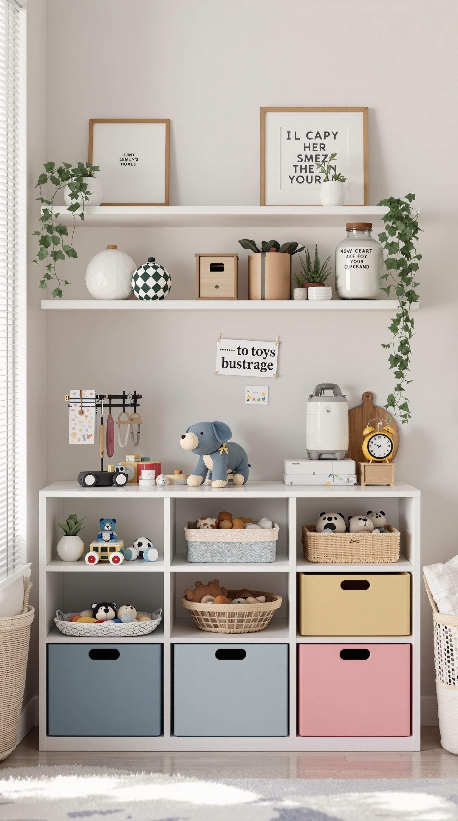 A stylish living room storage unit with colorful bins and decorative items, showcasing an organized space for toys.