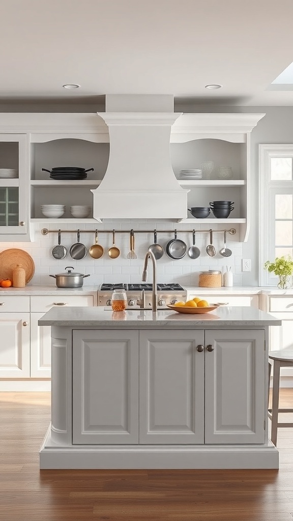 A modern kitchen island with storage cabinets and open shelving, featuring pots and utensils hanging above.