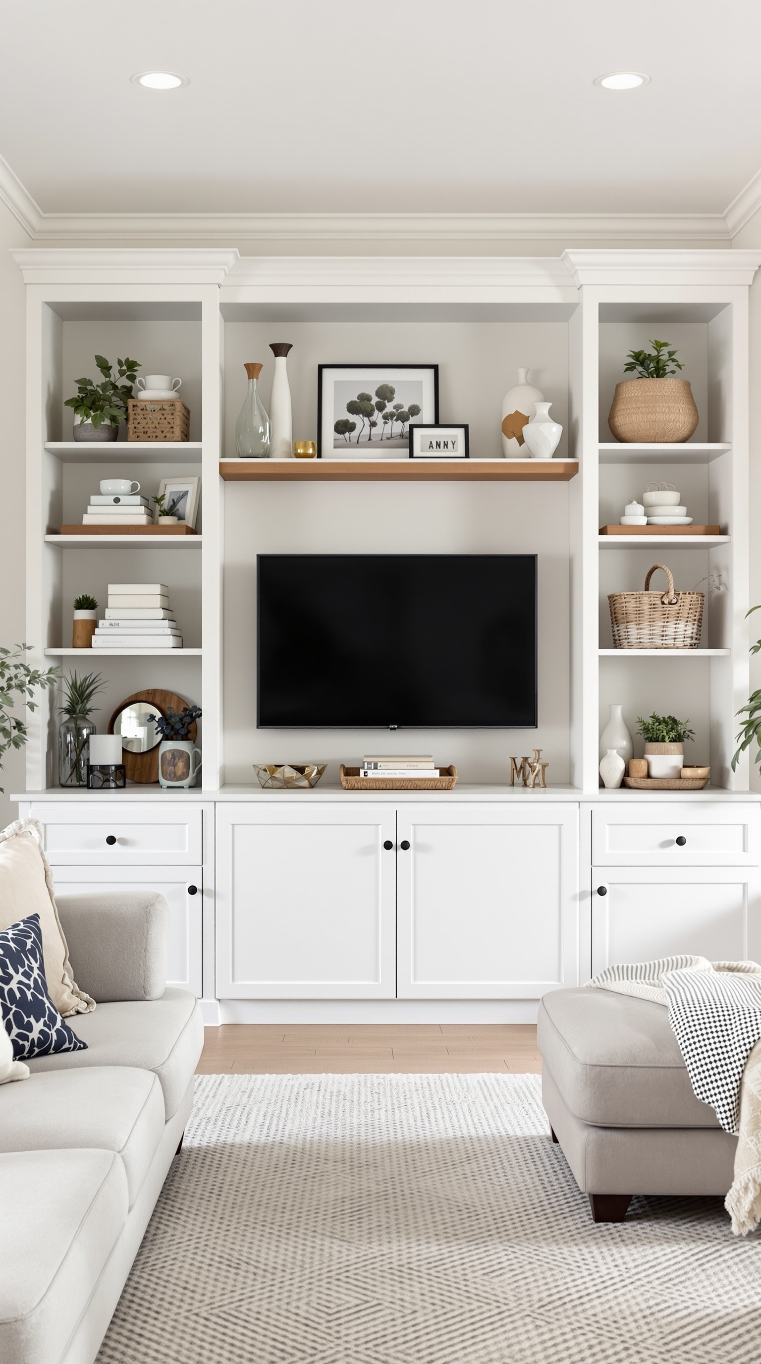 Stylish built-in storage unit in a family room with a TV, decorative items, and plants.