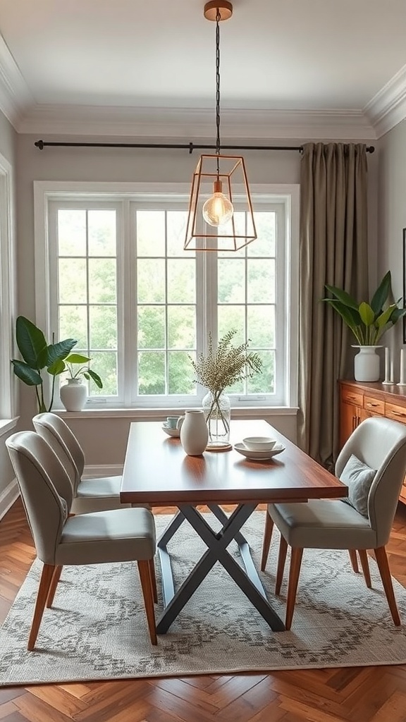 A small dining table with four chairs, a vase of flowers, and a warm light fixture in a cozy dining area.