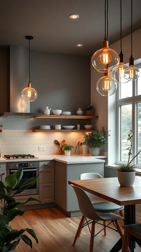 A modern kitchen featuring stylish pendant lighting and a cozy dining area.