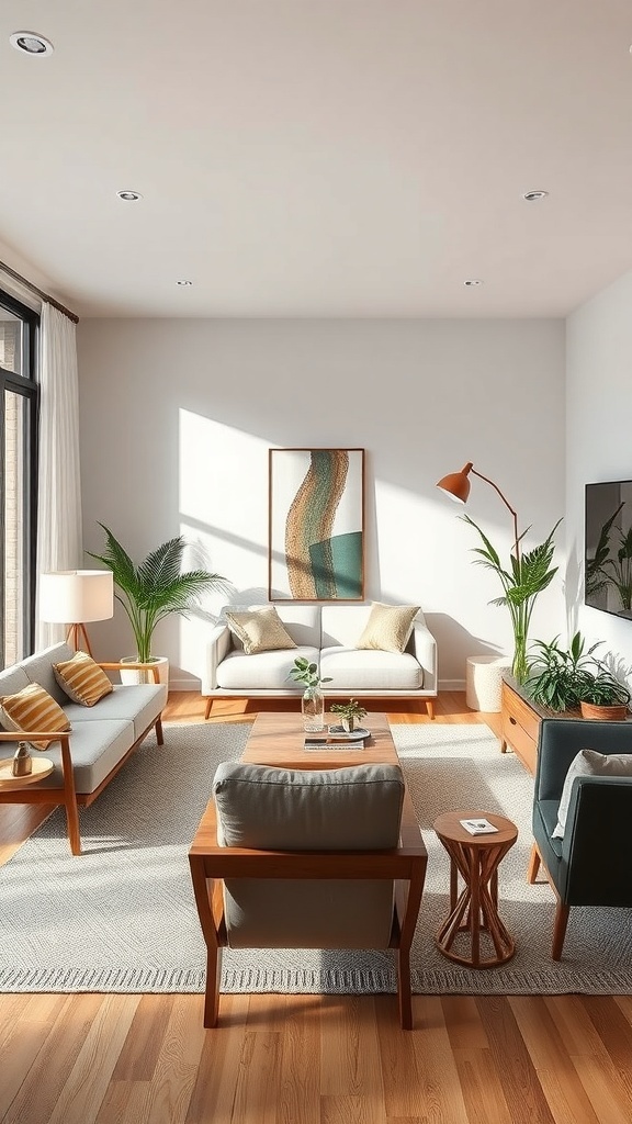 A cozy living room with wooden furniture, plants, and natural light.