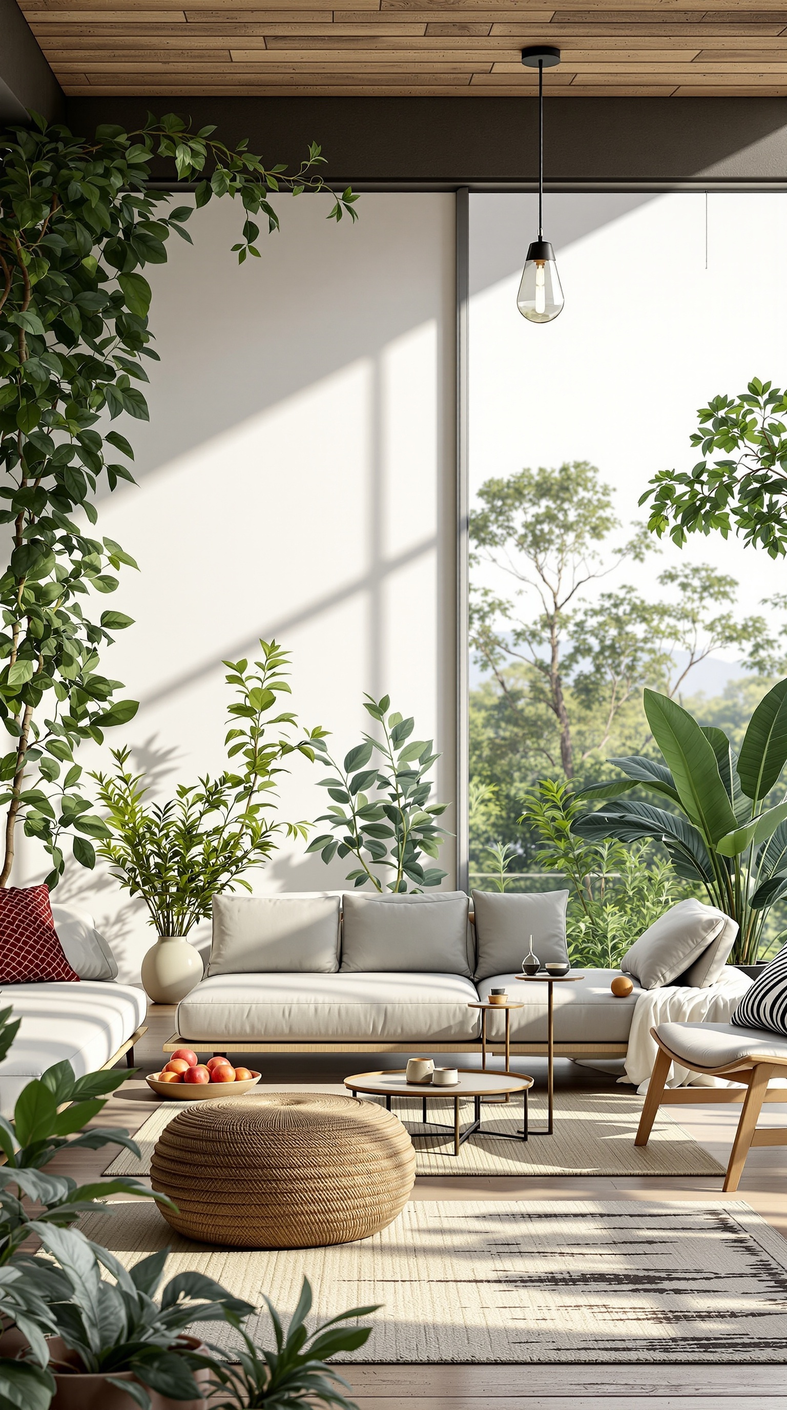 A bright living area with plants, natural light, and cozy furniture