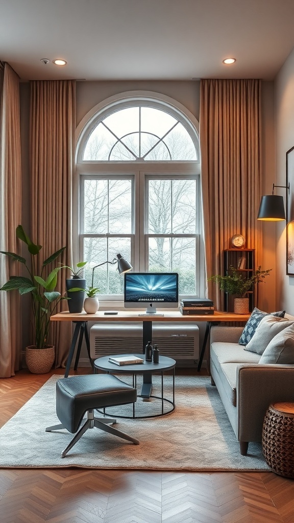 A cozy home office featuring a modern desk with a computer, comfortable seating, and plants, all illuminated by natural light.