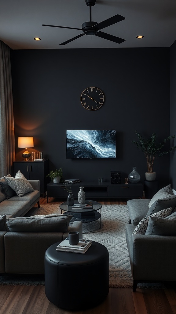 A cozy dark living room featuring a TV, comfortable sofas, and warm lighting.