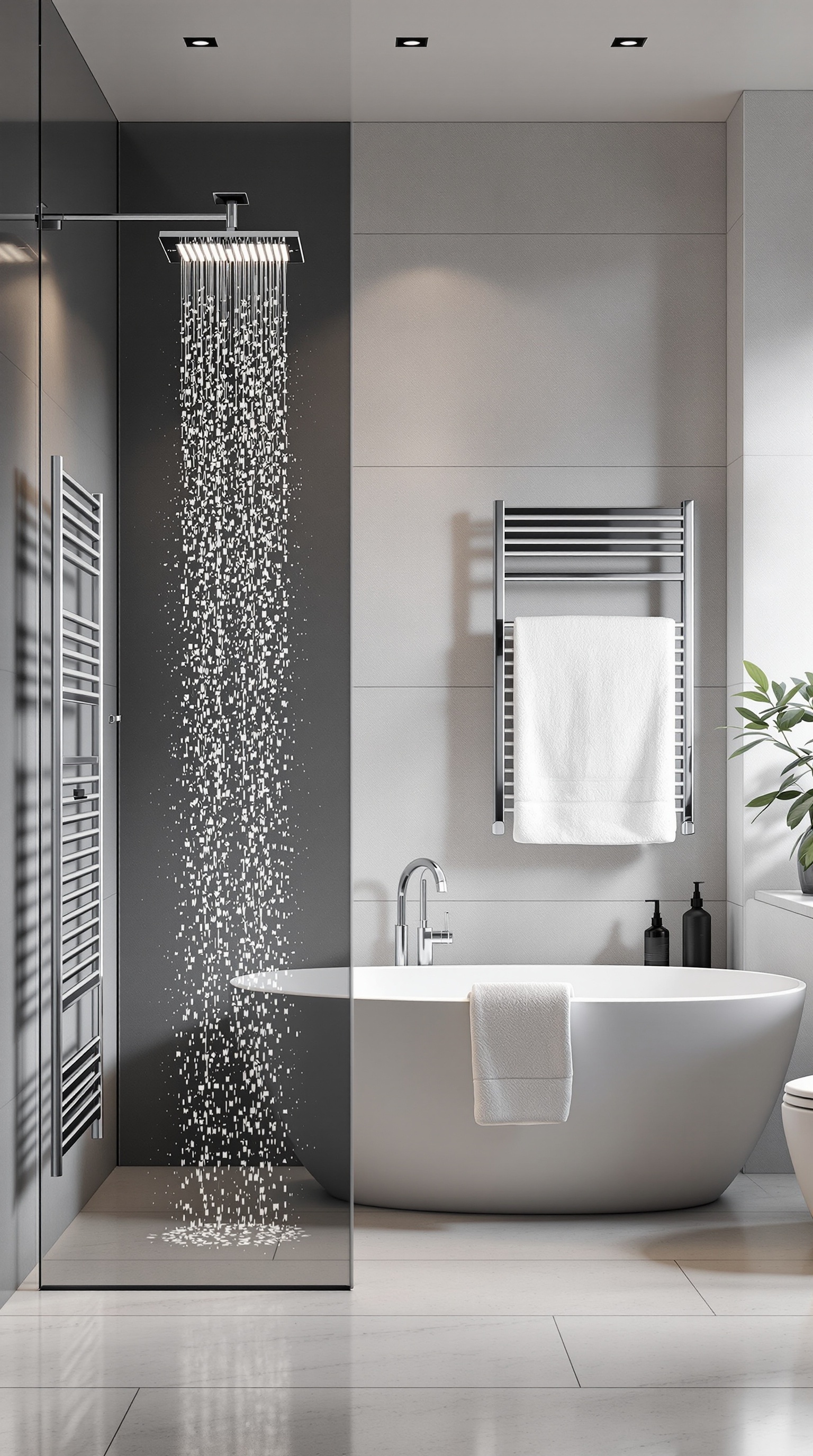 A modern family bathroom featuring a rainfall shower, a stylish bathtub, and a heated towel rack.