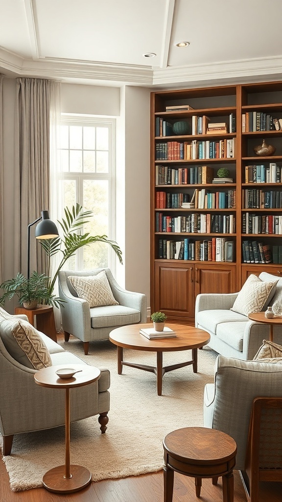 A cozy home library with comfortable seating, a bookshelf filled with books, and a warm atmosphere.