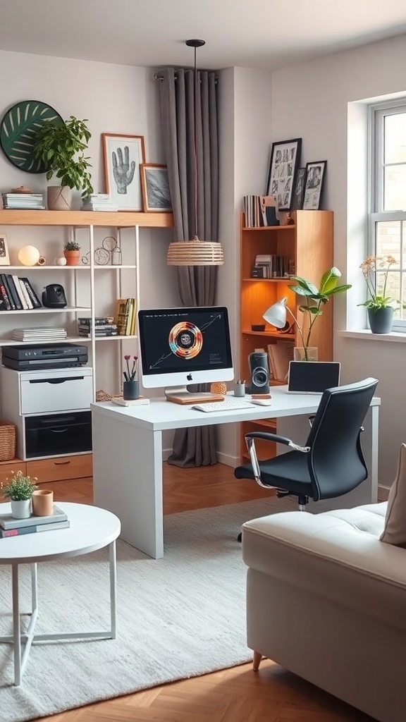 A modern home office with a desk, computer, plants, and organized shelves.
