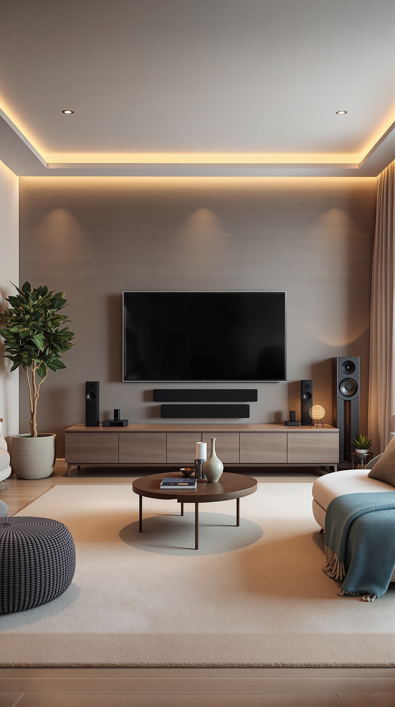 A modern family room with a large TV, sound system, and cozy seating.