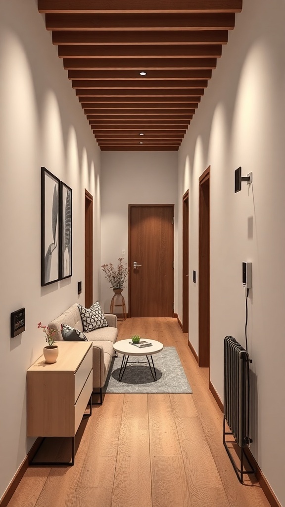 A modern hallway with wooden accents, featuring smart technology and a cozy seating area.