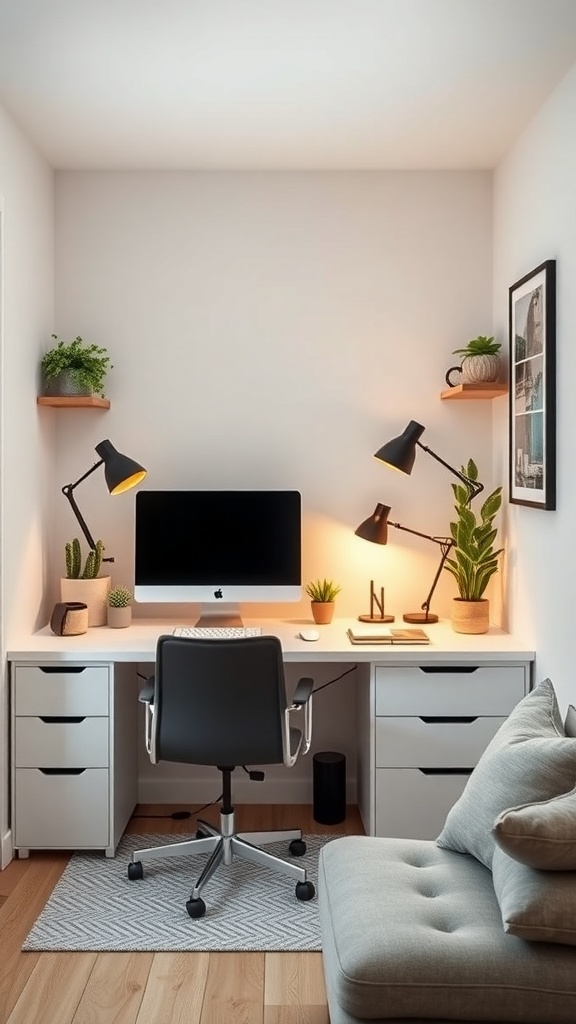 A cozy tiny home office with a desk, computer, and plants.