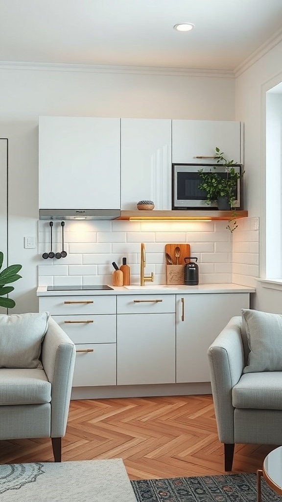 A modern small apartment kitchen featuring smart appliances and stylish decor.