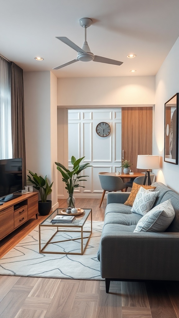 A modern small apartment living room with a cozy sofa, a coffee table, and plants, showcasing a blend of style and technology.