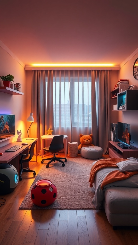 A modern kids bedroom featuring a cozy atmosphere with LED lights, a computer desk, and playful decor.