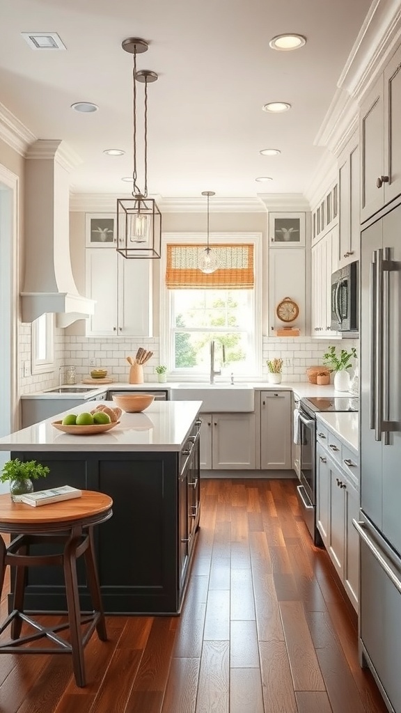 A modern galley kitchen with an island featuring sleek appliances and warm lighting.