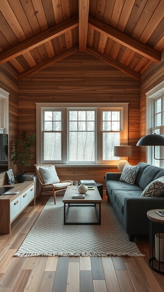 Cozy tiny cabin interior with wooden walls, large windows, and modern furniture.