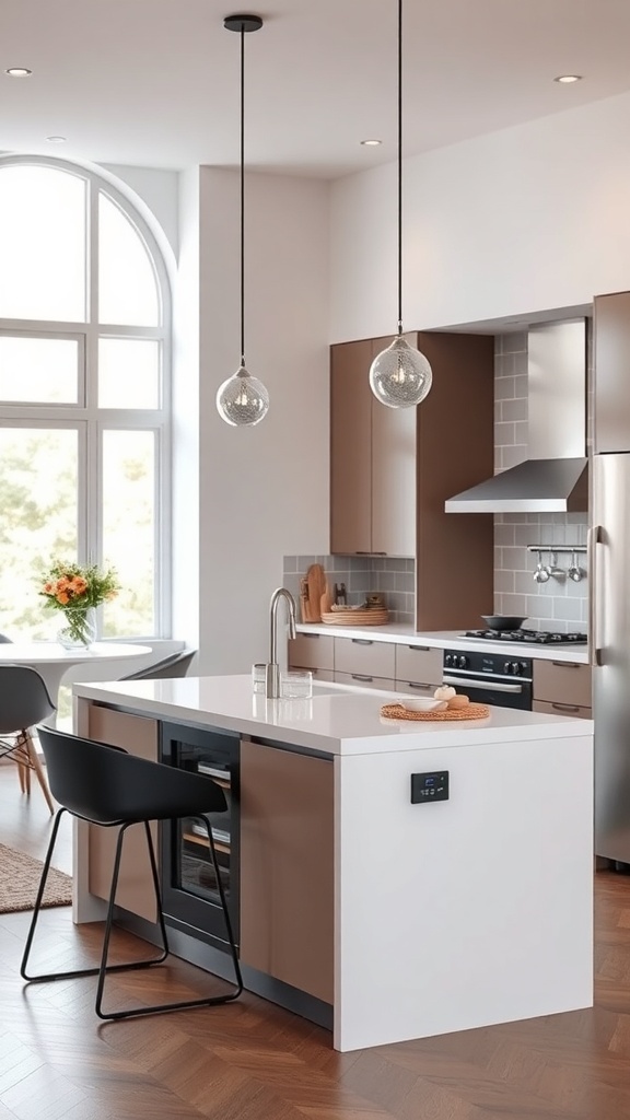 A modern kitchen with a small island featuring a built-in wine cooler and stylish pendant lights.